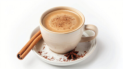 Cup of coffee with cinnamon on white background