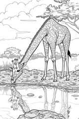 A tall giraffe bending its neck down to drink water from a pond in its natural habitat