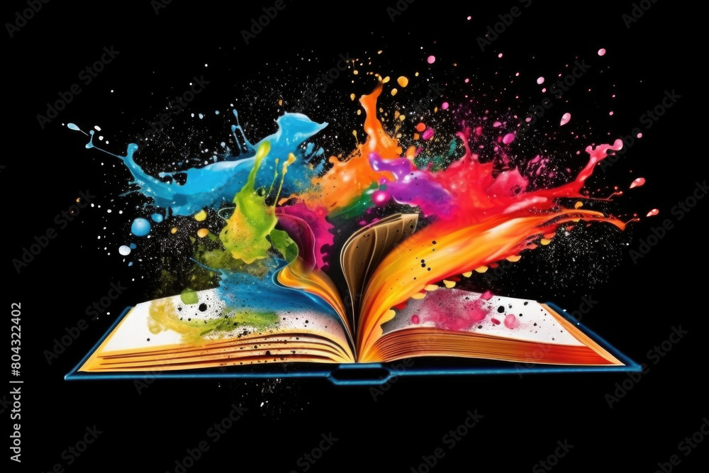 Poster an open book with vibrant paint splashing out, creating a dynamic and eye-catching scene