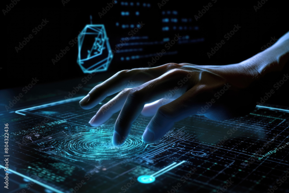 Poster a persons hand placed on top of a computer screen, displaying interaction with technology