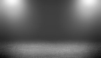 Two lights top illuminated dark grey empty room. Cement floor. 3D background.