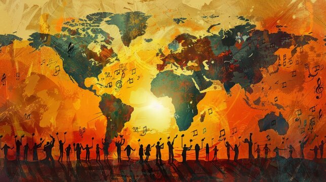 An abstract painting of the world map with people of various cultures singing and dancing around it.
