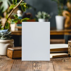 A blank sheet of paper is sitting on a wooden table. There are plants and books on the table.