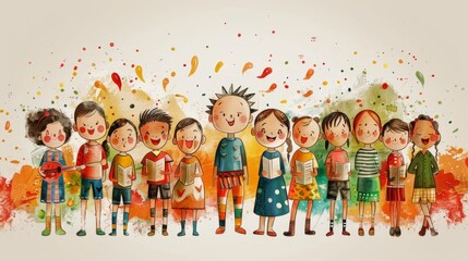 A group of children of different ethnicities are standing in a row. They are all smiling and wearing colorful clothes. There are four girls and eight boys.