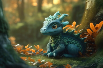 A blue dragon is sitting in the center of a dense forest, surrounded by tall trees and lush greenery