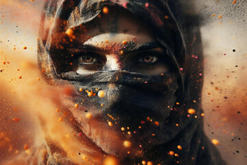 woman with a black scarf covering her face is surrounded by a cloud of dust