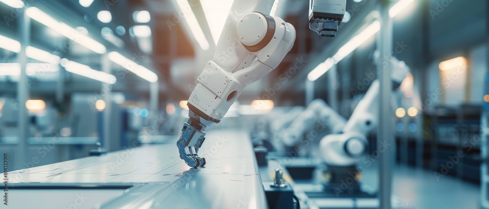 Poster an industry 4.0 modern factory shows a programmed robot moving at various angles. production line ma