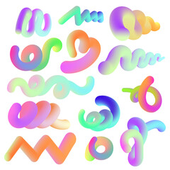 Fluid gradient blend curve.Smooth abstract shapes with vibrant gradients set of elements for designs.Bright 3D flow lines and curls with colorful gradients.Fluid design elements.Vector illustration
