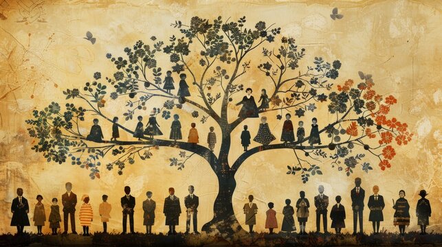 A family tree with people of all ages, including children, adults, and grandparents.