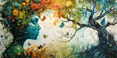 A beautiful painting of a woman made of flowers and a tree made of leaves with butterflies flying around them.