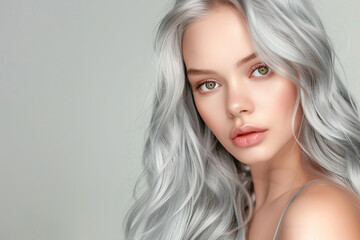 Black and silver hair color, a fashionable girl with long wavy gray hairs isolated on a grey background. - obrazy, fototapety, plakaty