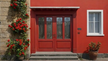 Red painted facade of the house and wooden door with flowers