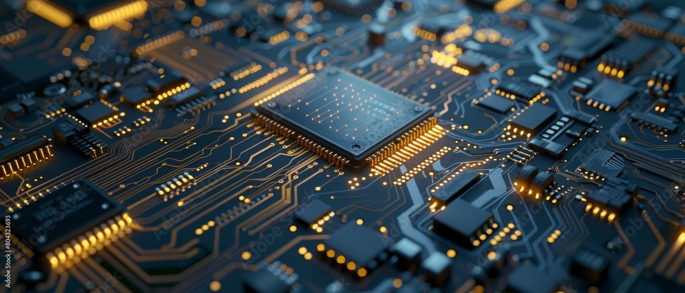 Poster circuit board cpu processor microchip starting artificial intelligence visualization. digital lines 