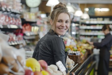 Smiling saleswoman attending customer in supermarket
