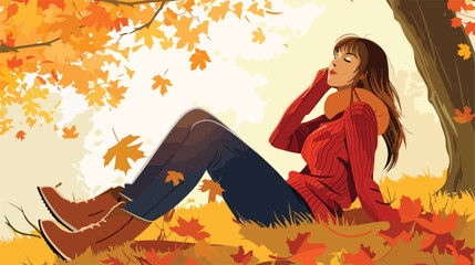 Beautiful young woman resting in autumn park Vector styl