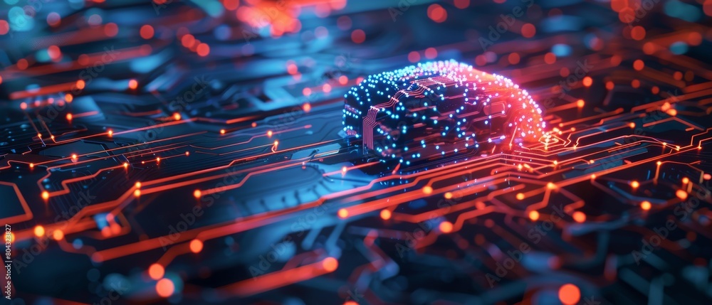 Poster high-tech concept: circuit board cpu processor microchip visualization of neural networking. digital