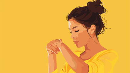 Beautiful young woman rolling up her sleeve on yellow