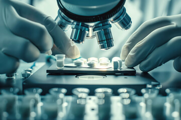 Scientist examining pills under a microscope in a lab.