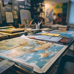 A desk with a map, books, and other supplies