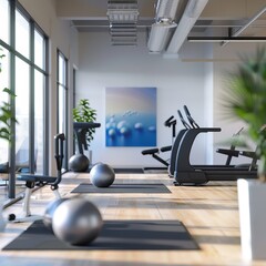 A modern gym with exercise balls, yoga mats and treadmills.