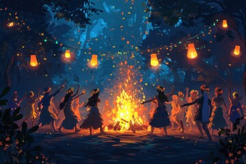 A group of people are dancing around a fire