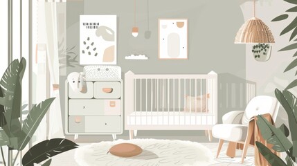 A soft, natural nursery with a crib, a changing table, a rocking chair, and a few plants.