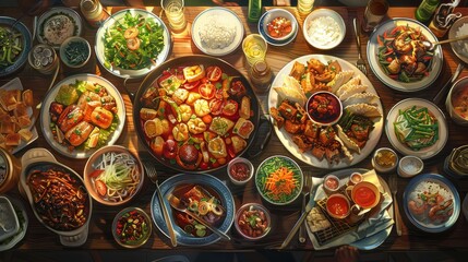 A bountiful feast of various Chinese dishes, including Peking duck, Kung pao chicken, and mapo tofu, is beautifully arranged on a wooden table.