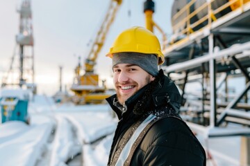 Smiling young engineer wearing hardhat at oil production field in winter
