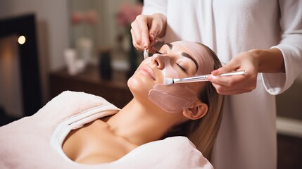 Woman in mask in beauty spa salon wearing white towel