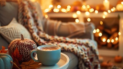 A cozy living room adorned with fall decorations everyone holding mugs of hot cocoa. - obrazy, fototapety, plakaty