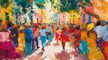 A colorful street scene with people wearing traditional clothing and dancing.