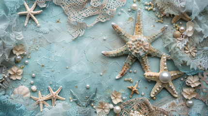 Ocean in scrapbooking style. Sea  starfish, lace and pearls. Vintage paper craft.