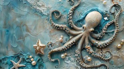 Octopus in scrapbooking style. Sea animal with starfish, pearls and lace. Vintage paper craft.