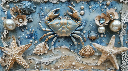 Crab in scrapbooking style. Sea animal with starfish, pearls and blue ocean. Vintage paper craft.