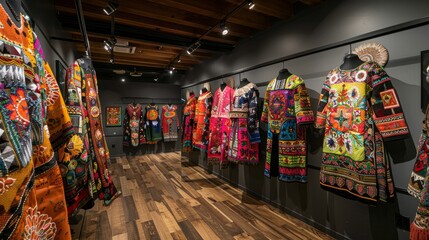 Obraz premium A long room with a dark wall on the right and wood floor. On the left wall hang colorful traditional Uzbek dresses.