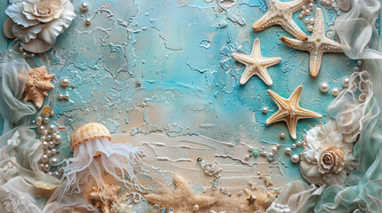 Jellyfish in scrapbooking style. Sea animal with starfish, pearls and .lace. Vintage paper craft.