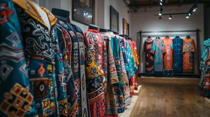 A collection of colorful chinese silk robes with intricate embroidery displayed in a gallery