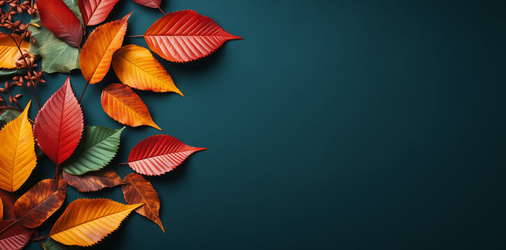 Autumn background with colorful leaves on dark green, copy space concept for fall season and autumn decoration.