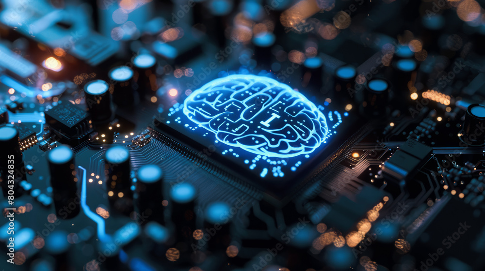Poster artificial intelligence and ai technology concept processor chip or mother board background llms
