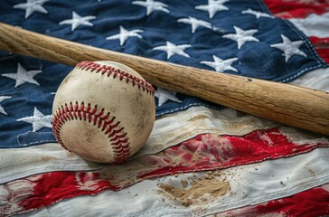 A baseball and a bat over the American flag, sport concept, 4th of July, American independence.