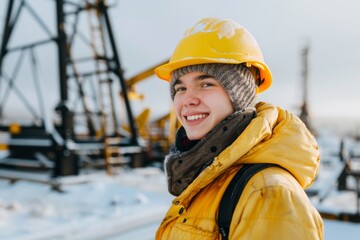 Smiling young engineer wearing hardhat at oil production field in winter