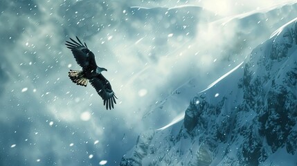 Bald Eagle adult flight in snow covered mountain