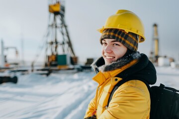 Smiling young engineer wearing hardhat at oil production field in winter