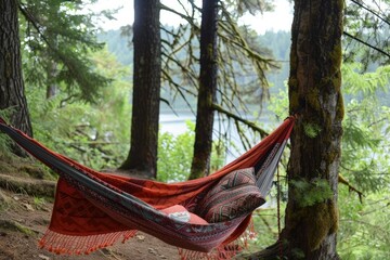 a hammock hanging from a tree in a forest