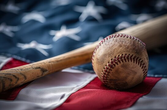 A baseball and a bat over the American flag, sport concept, 4th of July, American independence.