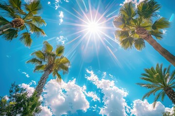 Landscape with palm trees, bright blue sky with sun rays, summer concept, Tropical Tree, tropical landscape.