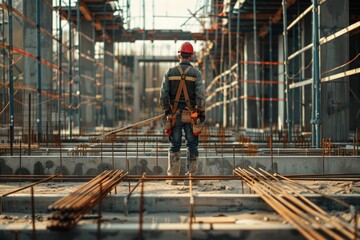 Fototapeta premium Worker with overalls and helmet in construction, concept of Labor Day, Construction Worker, Construction Project.
