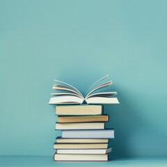 A stack of books with an open book on top, concept of Back to School, books education, literary.