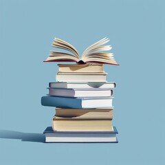 Naklejka premium A stack of books with an open book on top, concept of Back to School, books education, literary.
