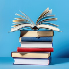 Fototapeta premium A stack of books with an open book on top, concept of Back to School, books education, literary.